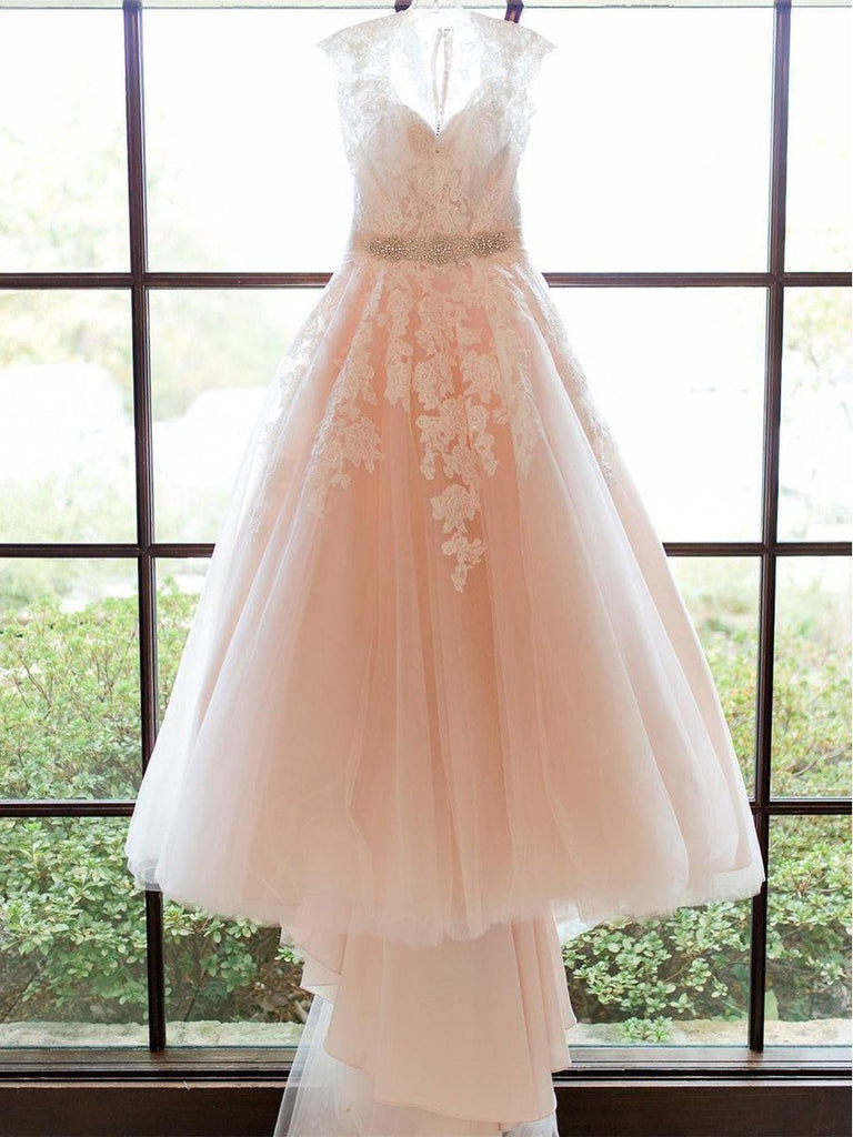 Lace Short Wedding Dress/v Front With Sleeves /blush Pink Bridal Gown on  Luulla